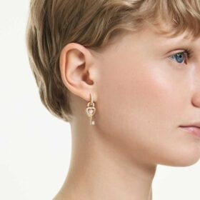 Idyllia Drop Earrings with Ear Cuff Mixed Cuts, Heart with Key, Pink, Gold-Tone Plated