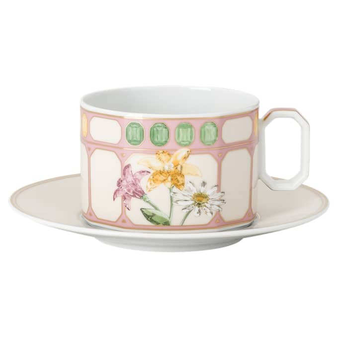 Idyllia Teacup with Saucer Porcelain, Crystal Print Motif, Bouquet, Multicolored Idyllia Teacup with Saucer Porcelain, Crystal Print Motif, Bouquet, Multicolored